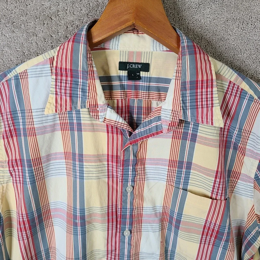 J. Crew Shirt‎ Mens Large Red Blue Yellow Plaid Short Sleeve Button Up Cotton